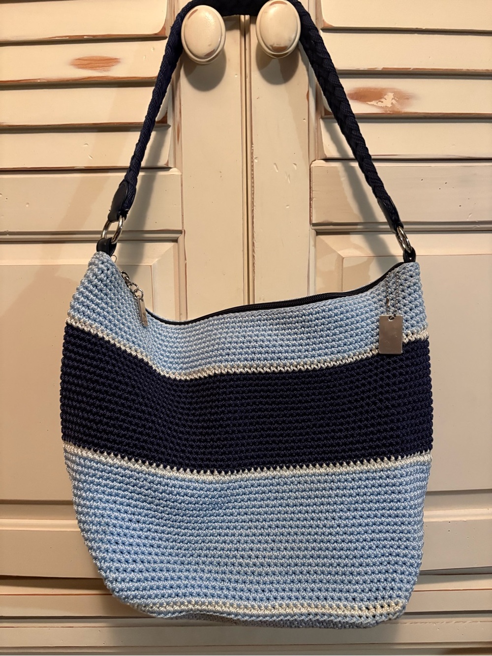 Lina Navy & Light Blue Crochet Shoulder Bag - Women's Tote